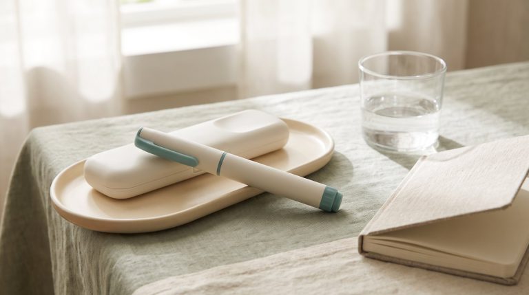 Injection pen on a tray
