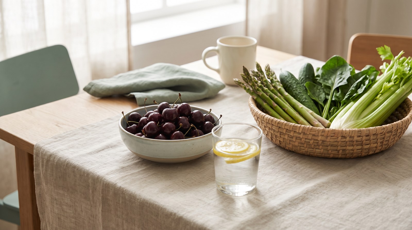 Cherries, water and vegetables on a table