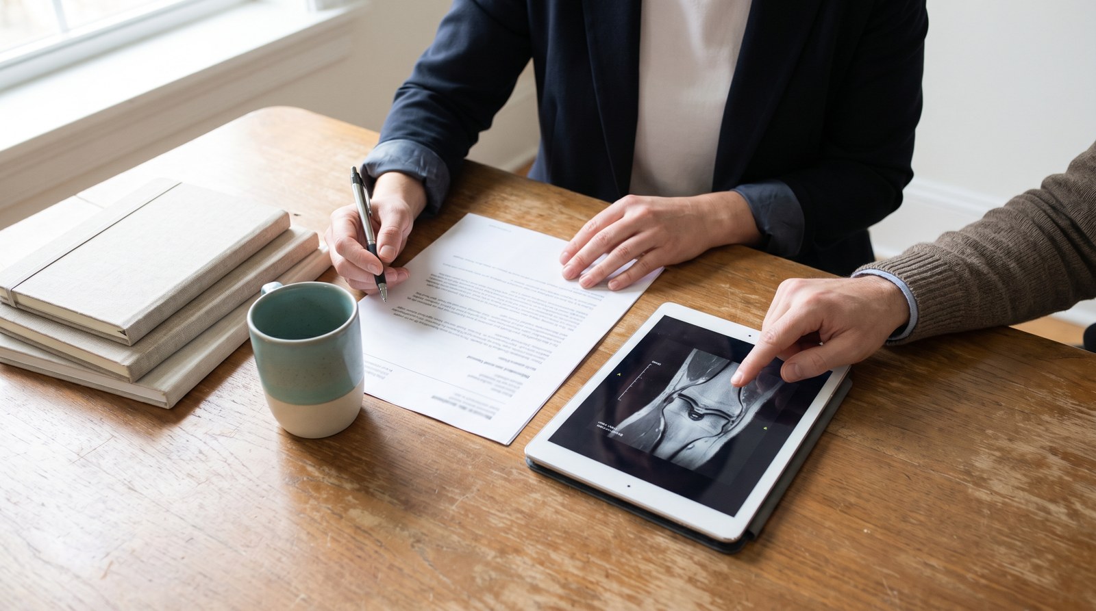 Two clinicians reviewing an X-ray on a tablet
