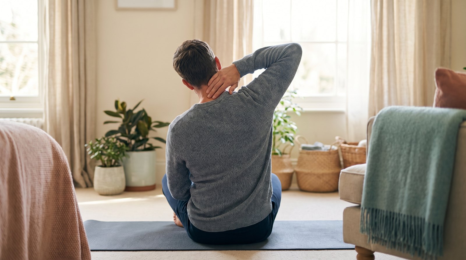 Person stretching on a mat at home