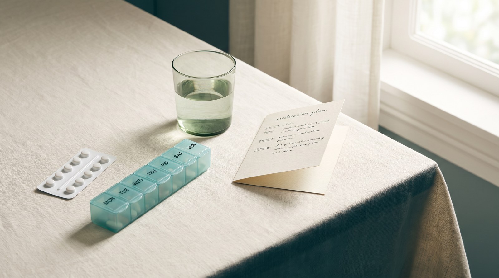 Tablets and a pill organiser on a table