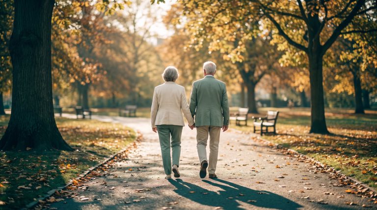 Two people walking in a park